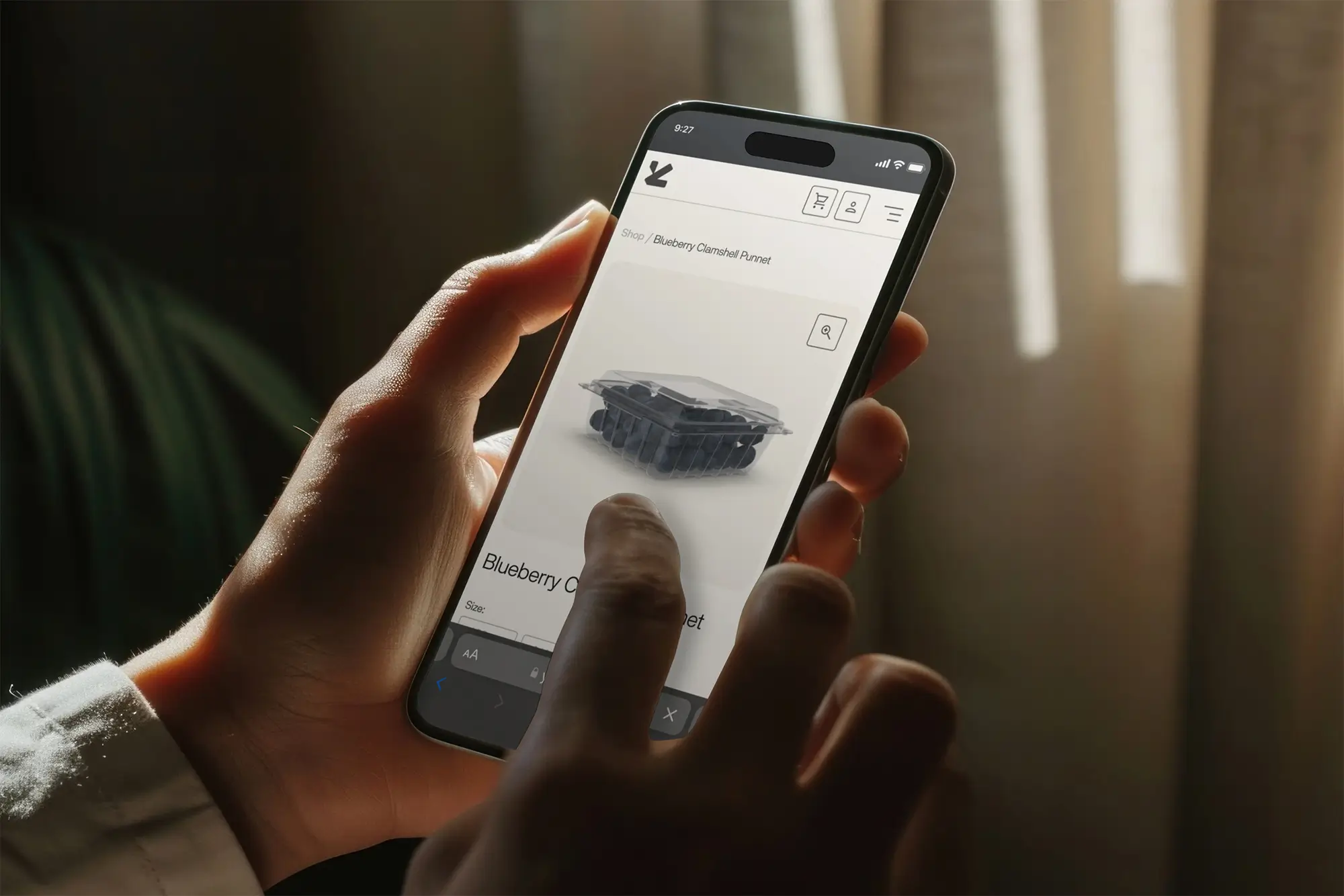 A person holding a phone with Yucca Packaging's ecommerce shop open.