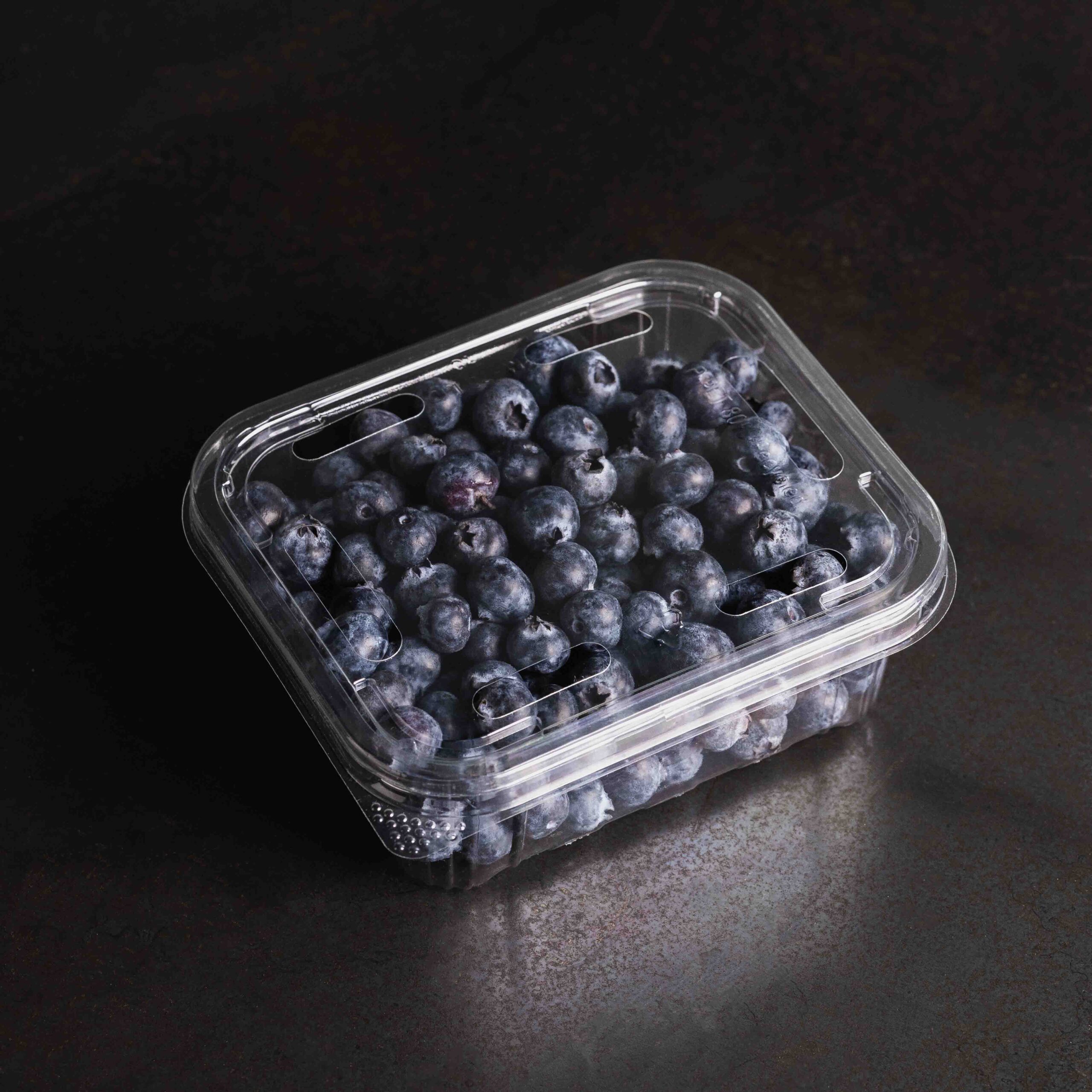 Yucca Packaging plastic tub and lid packaging container displaying blueberries.