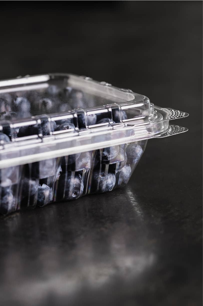 A Yucca Packaging berry punnet clamshell showcasing innovative side ventilation and retail display.