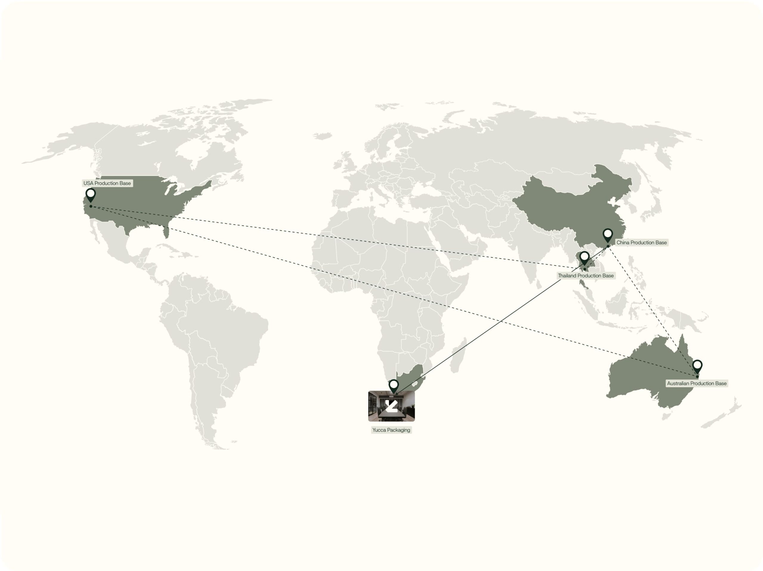 Map showing America, Australia, China and Thailand manufacturing facilities.